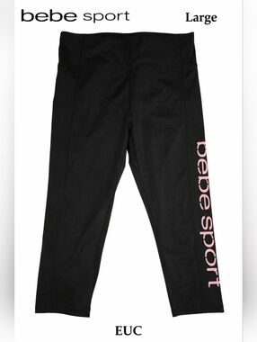 bebe Sport Black Leggings with Pink Logo, Large, EUC